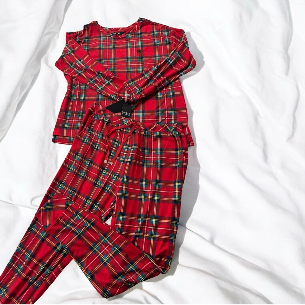 NEW RALPH LAUREN Size M Women's Jogger Pajama Pant Set Red Plaid Jersey